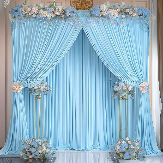 Blue Backdrop Curtains 10 Panels - Wrinkle-Free Light Blue Curtains Polyester Photography Drapes Photo Background for Baby Shower Birthday Party Decorations- 40 X10FT
