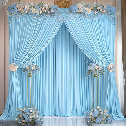 Blue Backdrop Curtains 10 Panels - Wrinkle-Free Light Blue Curtains Polyester Photography Drapes Photo Background for Baby Shower Birthday Party Decorations- 40 X10FT
