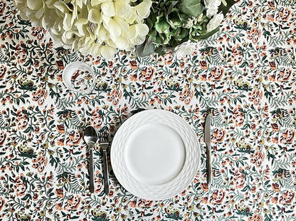 ATOSII Ambrosia Green 100% Cotton Round Tablecloth, Handblock Print Floral Table Cloth for Kitchen Dining Linen I Weddings, Outdoors, Thanksgiving, Christmas I Fall Home Decor I 90" Inches Round