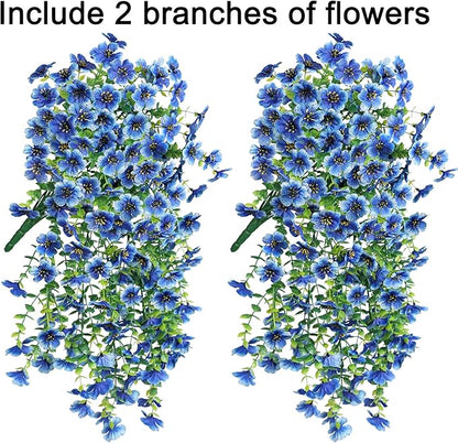 Artificial Faux Hanging Flowers Plant for Fall Outdoor Outside Decoration, 2 PCS Fake Silk Violets with Eucalyptus UV Resistant Realistic Daisy Trailing Vines for Balcony Yard Patio Porch Planter,Blue