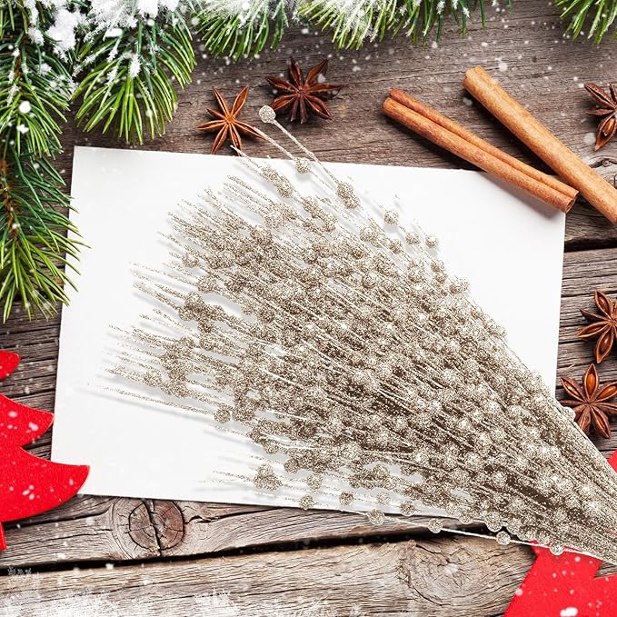 Geosar 30 Pcs Christmas Artificial Glitter Berry Stem Decorations 17 Inch Faux Stick Floral Pick Centerpiece Bouquet Flower Bead Twigs for Centerpiece Tree Wreath Xmas Ornaments Home(Champagne Gold)