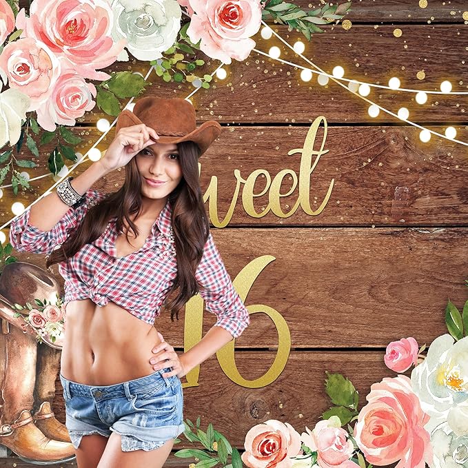 SVBright Sweet 16 Happy Birthday Backdrop 5Wx3H Cowgirl Western Rustic Wooden Plank Country Watercolor Pink Flower Floral Boots Farmhouse Decorations Photography Background Banner Photo Booth Studio