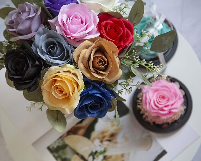 DuHouse 10pcs Fake Black Roses Artificial Silk Flowers Faux Rose Flower Long Stems Bouquet for Arrangement Wedding Centerpiece Party Home Kitchen Decor (Black)