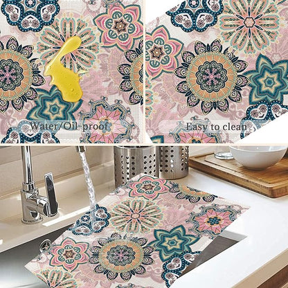 Spring Summer Floral Placemats Set of 6,Washable Heat Resistant 12×18 Inch Linen Table Mats Blooming Flowers Mandala Place Mats for Party Outdoor Dining