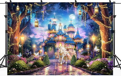Riyidecor Princess Castle Backdrop Polyester Fabric Garden Floral Vines Trees Lights Starry Night Scenery 7Wx5H Feet Wonderland Photography Background Bridal Shower Wedding Birthday Photo Studio Shoot