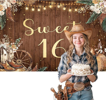 SVBright Sweet 16 Backdrop 5Wx3H Western Cowgirl Rustic Boho Pampas Grass Farmhouse Country Flower Floral West Retro Wooden Boots Hat Decorations Photography Background Banner Photo Booth Studio