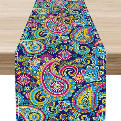 Vintage Paisley Table Runner, Blue Classical Luxury Old Fashioned Paisley Floral Print Table Center Decor for Family Kitchen Table Decorations Indoor Outdoor 13x90 inch