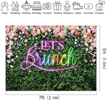 Riyidecor Green Leaves Let's Brunch Backdrop Polyester Fabric Neon Pink Rainbow Floral 7Wx5H Feet Greenery Photography Background Grass Lawn Women Brunch Party Photo Studio Shoot