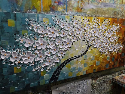 YaSheng Art - 100% Hand Painted Contemporary Art Oil Painting On Canvas Texture White 3D Flower Paintings Modern Home Bedroom Living Room Wall Decor Abstract Art Paintings 24x60inch