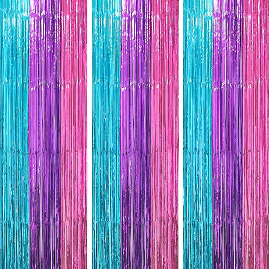 3 Pack 3.3 x 8.2 ft Blue Purple Pink Foil Fringe Backdrop Curtains, Tinsel Streamers Party Decorations, Fringe Backdrop, Door Shimmer for Mermaid or Birthday Party