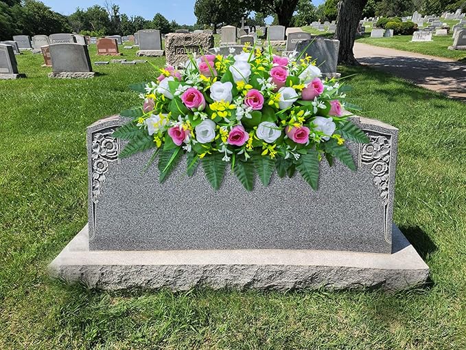 Artificial Cemetery Flowers Saddle-Shaped Tombstone Decorations Non-Fading UV-Resistant（Pink+White Saddle ）