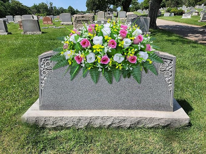 Artificial Cemetery Flowers Saddle-Shaped Tombstone Decorations Non-Fading UV-Resistant（Pink+White Saddle ）