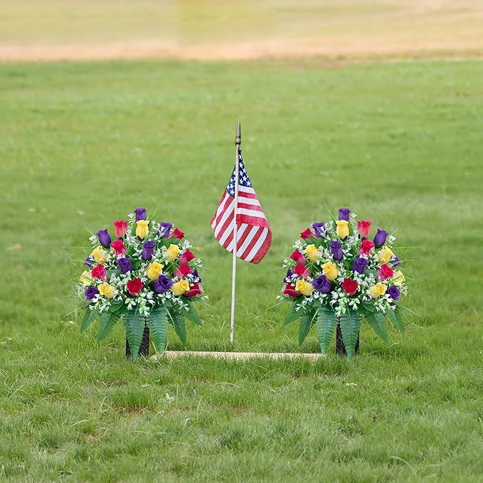 Artificial Cemetery Flowers, Gravesite Decoration Roses, Memorial Bouquets with Cemetery Vase, Vibrant and Long-Lasting Colors (Yellow+Purple+Brilliant Red, 2 Bundles)