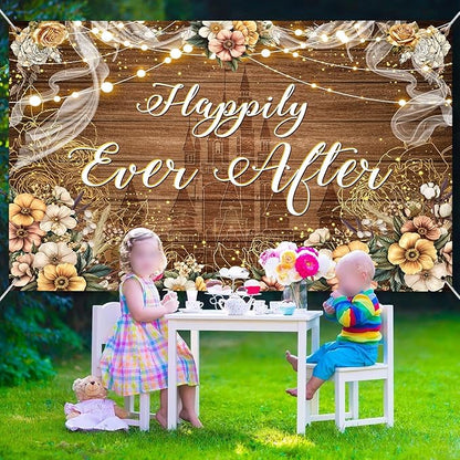 Happily Ever After Backdrop Bridal Shower Wedding Party Brown Wood Photography Background Boho Floral Golden Rose Dots Wedding Decor Banner Portrait Photo Booth Studio Props 10x7ft FU073YL