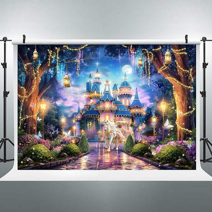 Riyidecor Princess Castle Backdrop Polyester Fabric Garden Floral Vines Trees Lights Starry Night Scenery 7Wx5H Feet Wonderland Photography Background Bridal Shower Wedding Birthday Photo Studio Shoot