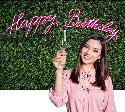 Riyidecor Neon Happy Birthday Backdrop Polyester Fabric Green Grass Leaf Rustic Spring Leaves Plant 8Wx6H Feet Pink Nature for Woman Photography Background Birthday Photo Studio Shoot