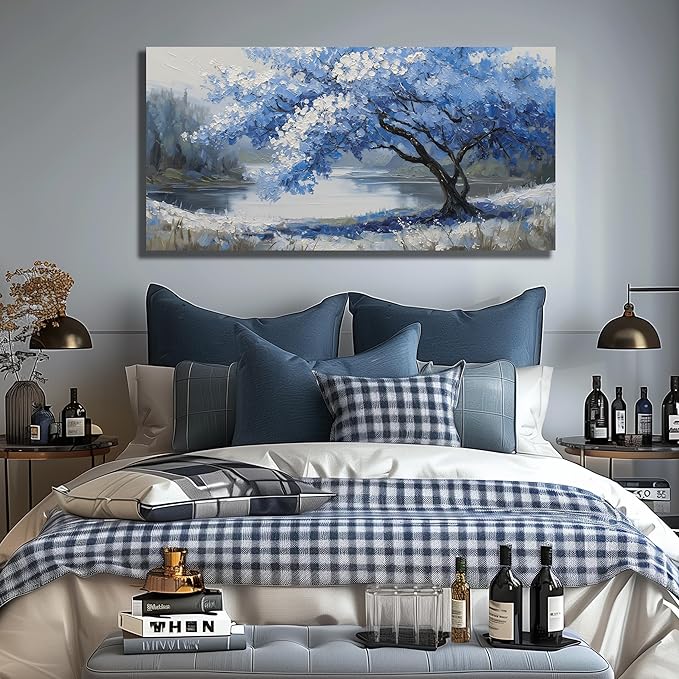 JuhaiArt Blue Wall Art White Picture Art Scenery Wall Decor Tree Wall Art Canvas for Living Room Bedroom Home Office Prints Gray Artwork 24" x 48"