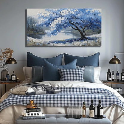 JuhaiArt Blue Wall Art White Picture Art Scenery Wall Decor Tree Wall Art Canvas for Living Room Bedroom Home Office Prints Gray Artwork 24" x 48"