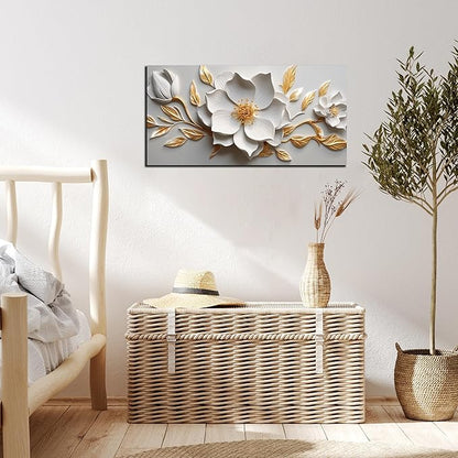 Canvas Wall Art for Living Room Bedroom Office White and Gold Flower Artwork Large Botanical Floral Wall Art Framed Wall Decor Modern Canvas Prints 20x40 In