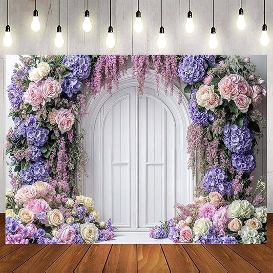 12x8ft Purple Flower Floral Arch Backdrop Background Photography Flower Wall Lavender Backdrop Party Wedding Girls Birthday Princess Mother's Day Bridal Shower Anniversary Banner Decor Studio Photo