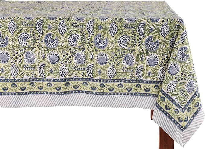 ATOSII Amara 100% Cotton Fall Tablecloth, Handblock Floral Print Rectangle Linen for Kitchen Dining I Parties Wedding Christmas Outdoors Easter I Spring Summer 72 X 140 Inches I 12 Seater