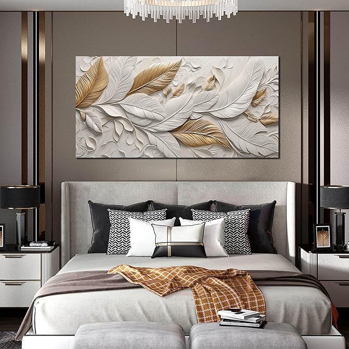 Feather Canvas Wall Art for Bedroom - White and Gold Pictures for Living Room - Modern Art Wall Decor for Office Size 29" x 59"