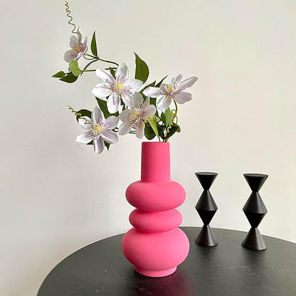 BLOFLO Hot Pink Ceramic Vase, Colorful Ceramic Vase, Modern Dried Flower Vases, Pink Round Vase for Centerpieces Wedding Dinner Table Party Office, Housewarming Gift (3 Layers Pink)