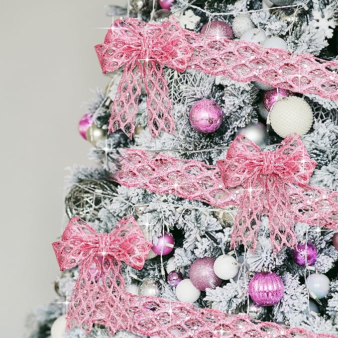 Geosar 20 Yards Pink Glitter Mesh Wired Ribbon for Christmas Tree Decorations, Gift Wrapping, DIY Craft, Xmas Wreaths, Cabinet Decor (1.5 Inch)
