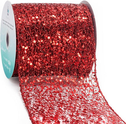 CT CRAFT LLC Sparkling Glitter Mesh Wired Ribbon 4" x 10 Yards Red for Christmas Home Decor Bow Gift Wrapping DIY Crafts Wreath