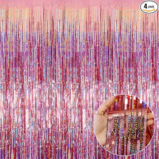 4 Pack Rose Gold Tinsel Foil Fringe Curtain Backdrop, 3.28Ft x 8.2Ft Metallic Streamers for Photo Booth Wedding Bridal Shower Bachelorette Birthday Halloween Christmas Party Decoration