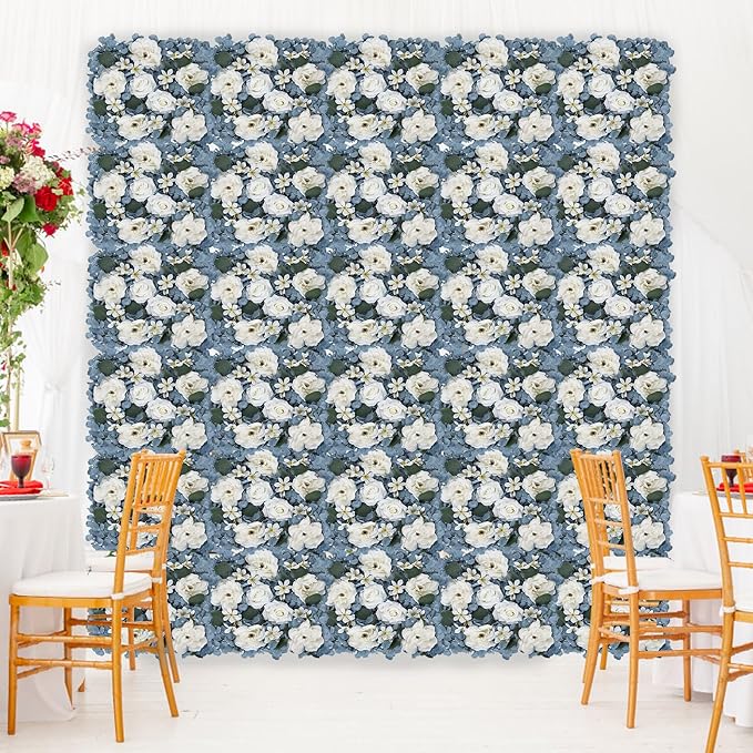 Pack of 6 Artificial Silk Flower Panels, Faux Floral Wall Background for Wedding Party Engagement Bridal Shower Arrangement Home Decorations - Dusty Blue & White