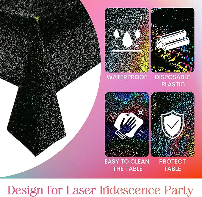 4 Pcs Black Holographic Laser Tablecloth Galaxy Space Table Cloth 40 * 108 Inch Shimmer Star TableCover for Halloween Birthday Graduation Neon Party Supplies Disposable Plastic Foil Table Decor