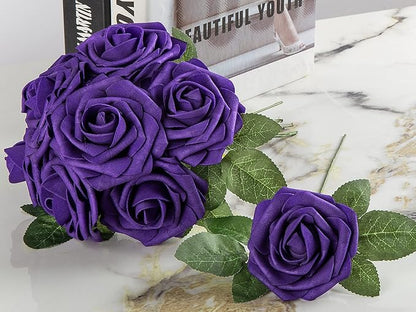Artificial Flower Foam Rose 25pcs Real Looking Fake Rose with Stems Leaves for Home Decoration Party Garden Centerpieces DIY Wedding Bouquets（Purple）