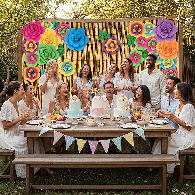 Frienda 36 Pcs DIY Paper Flower Decor Set with 83x59 Inch Custom Background Cloth and Rope, Artificial 3D Flower Wall Decor for Wall Bulletin Board Wedding Halloween Mexican Festive Party (Reed)