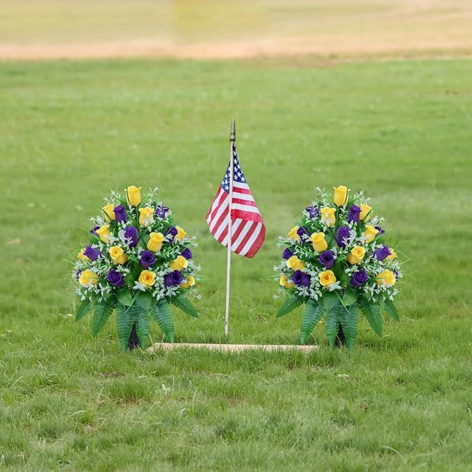 Artificial Cemetery Flowers, Gravesite Decoration Roses, Memorial Bouquets with Cemetery Vase, Vibrant and Long-Lasting Colors （ Yellow+Purple, 2 Bundles
