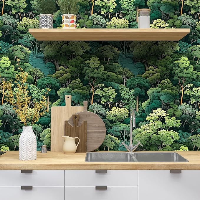 Forest Wallpaper Peel and Stick, Green Trees Contact Paper, Vintage Woodland Mountain Botanical Wall Paper Self Adhesive Waterproof Removable for Room Shelves Cabinet Drawer Table Decor 17.5" x 118"