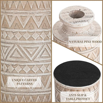 Hanobe Boho Vases Home Decor: Rustic Farmhouse Wood Vase for Living Room Kitchen Dining Table Centerpiece Aesthetic Carved Patterns Fall Decorations Bathroom Bedroom Office Accents