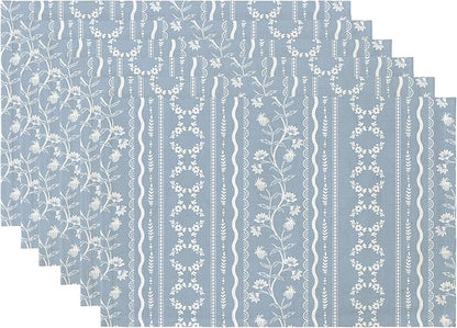 LilyCat Linen Fabric Blue Floral Placemats, Stripes Durable Boho Dining Table Mats for Kitchen, Rustic Vintage Washable Place Mats Set of 6, 18’’× 12’’