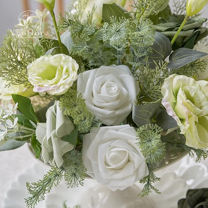 Artificial Flowers, Artificial Rose 50pcs for DIY Wedding Bouquets Centerpieces Arrangements, White Foam Rose with Stem for Bridal Shower Party Home Decorations