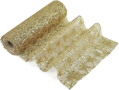 MEEDEE Gold Glitter Mesh Star Web Ribbon 10 Inch Wide by 10 Yards Roll Gold Mesh Fabric Ribbons Decorative Mesh Ribbon for Christmas Tree, Garland, Holiday Crafts, Wreaths, Bows, Home Decor