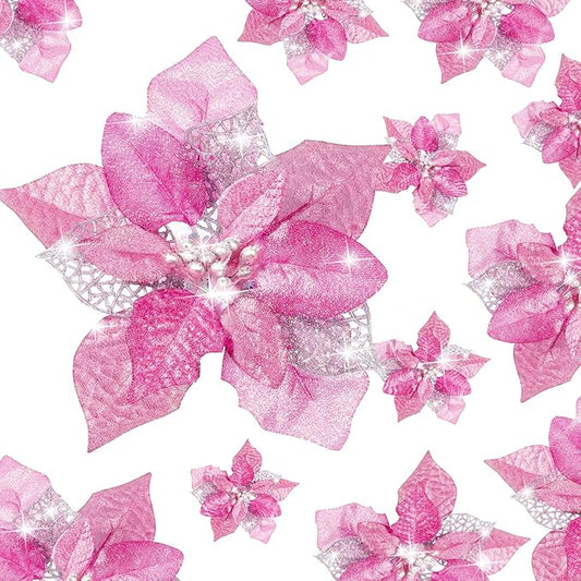 Boao 24 Pieces Christmas Artificial Glitter Poinsettia Flowers Xmas Flowers Wedding Christmas Tree New Year Ornaments (Pink)