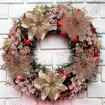 24Pcs Christmas Poinsettia Artificial Flowers and Glitter Berries Kit, 2 Styles Total 16Pcs Christmas Tree Flowers Ornaments, 8Pcs Christmas Tree Picks for Wedding Holiday Decorations, Rose Gold