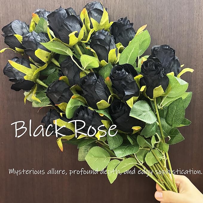 Artificial Roses 10 Pcs - Lifelike Single Stem Fake Roses with Natural Petal Texture,Fade-Resistant Silk Flowers for Wedding Decor,Home Vase Arrangements,Party Centerpieces(10, Black)