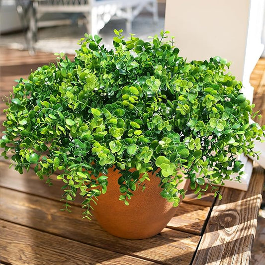 HyeFlora Artificial Plants for Outdoors Outside Spring Summer Decoration, 12 Bundles Faux Eucalyptus Leaves Stems Bulk Fake Greenery Branches Look Real UV Resistant for Home Porch Patio Planter Yard