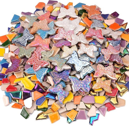 2.5 lb Irregular & Butterfly Mix Ceramic Mosaic Tiles for Crafts - (800g Irregular Tiles + 330g Butterfly Pieces), Assorted Ceramic Tiles for Mosaic Art, DIY & Home Decor