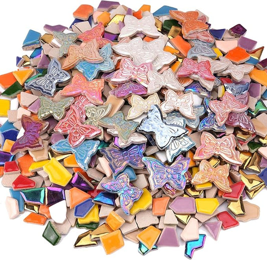 2.5 lb Irregular & Butterfly Mix Ceramic Mosaic Tiles for Crafts - (800g Irregular Tiles + 330g Butterfly Pieces), Assorted Ceramic Tiles for Mosaic Art, DIY & Home Decor