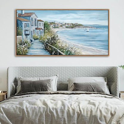 KLAKLA Coastal Decor Nautical Boat on Beach Canvas Picture Ocean Seagull Seascape Canvas Print Farmhouse Artwork for Seashore Bedroom Living Room Large Square Blue Teal 24x48 Inches