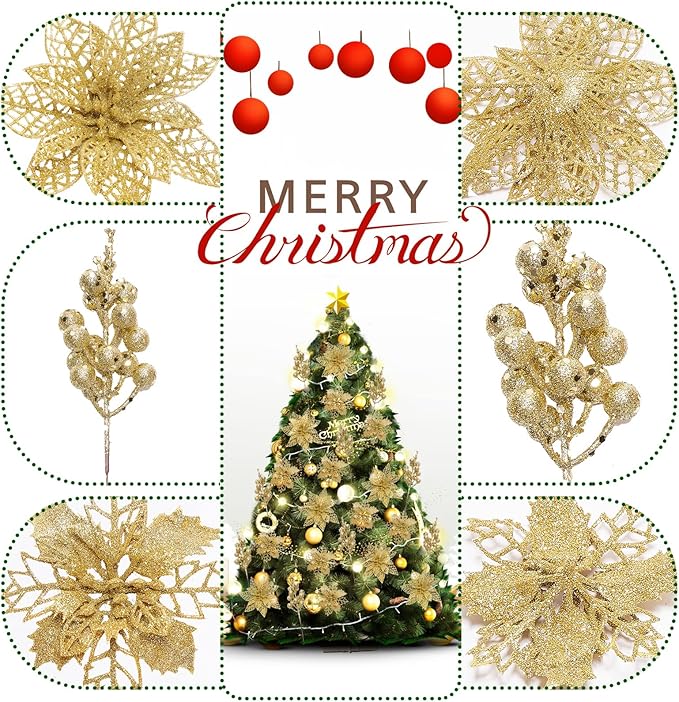 Zhuqing 22Pcs Christmas Poinsettia Artificial Flowers and Glitter Berries Stems Kit, 16Pcs Christmas Tree Flowers Ornaments and 6 Pack Christmas Tree Picks for Wedding Holiday Decorations (Gold)