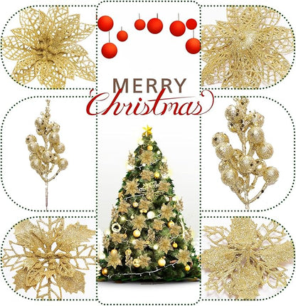 Zhuqing 22Pcs Christmas Poinsettia Artificial Flowers and Glitter Berries Stems Kit, 16Pcs Christmas Tree Flowers Ornaments and 6 Pack Christmas Tree Picks for Wedding Holiday Decorations (Gold)