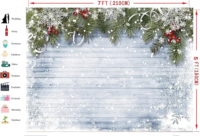 LTLYH Winter Christmas Backdrop 7x5ft Snowflake and Pine Branch Wooden Wall Backdrop Xmas Eve Wood Wall Photo Backdrop Holiday Decor Photo Props 023